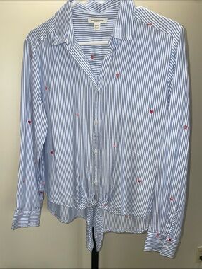 beachlunchlounge Blue and White Stripe Shirt with Red and pink Heart Accents